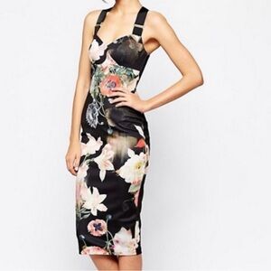 Ted Baker Black Floral Strapless Dress, Size 2
